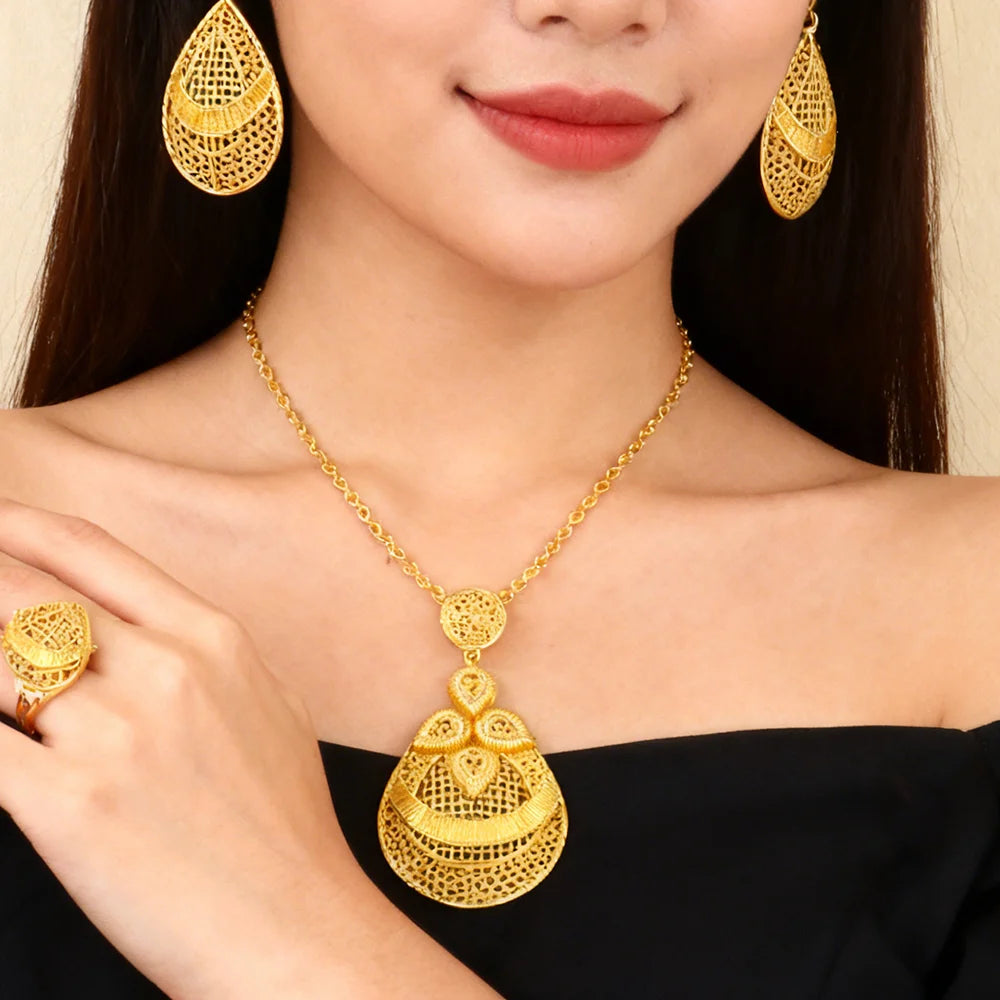 24k gold color party necklace earrings rings set luxury gold jewelry sets for woman wedding party Accessories