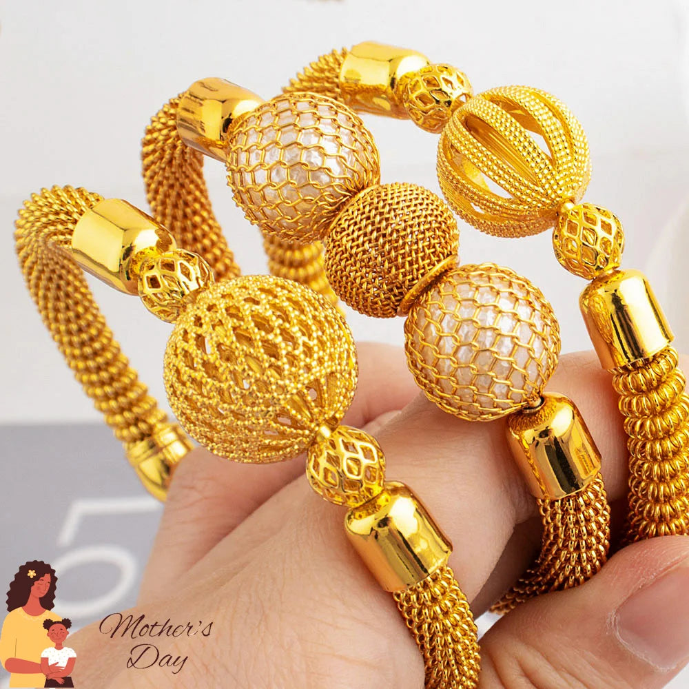 Tone Dubai Bead Grid Adjustable Bangle for Women, Luxury Fashion Bracelet Gift for Party Wedding Mother’s Day, Jewelry