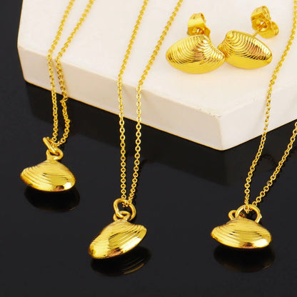 Nigeria Shell-Pendant Chain & Simple Earrings Set, Stainless Steel Necklace for Women, Party Wedding Easter Gift