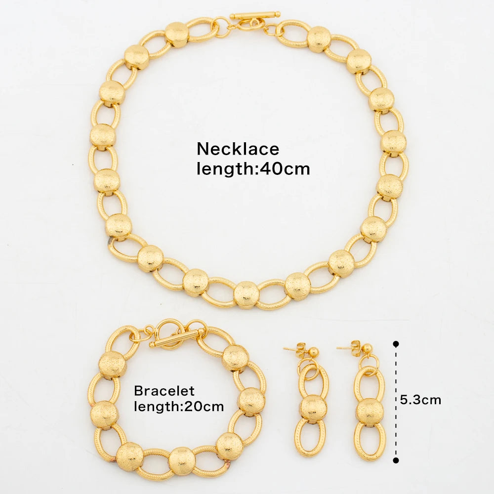 Fashion Gold Color Drop Earrings Necklace Set for Women Dubai African Luxury Bead Hollow Design Bracelet Wedding Party Jewelry