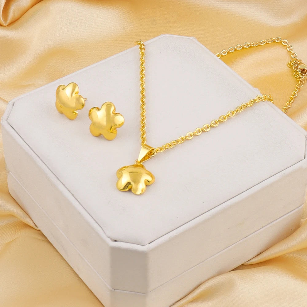 Plated 4Pcs Flower Jewelry Set for Women, Stainless Steel Necklace Earrings Bracelet Ring Gift America Fashion Party