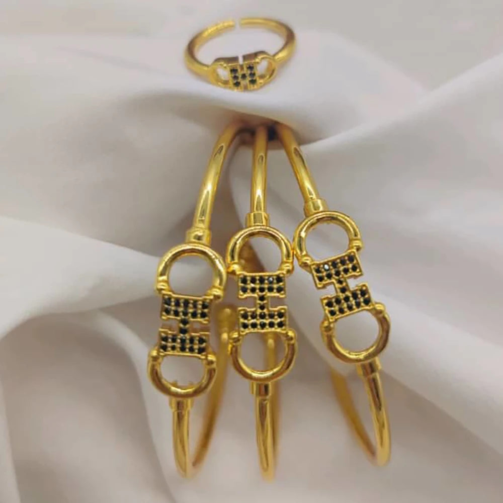 Serpentine Bangles Ring Women Luxury 18k Gold Color Black Zircon 3PCS Bracelet and Open Ring Charm Hand Jewelry Sets Party Gifts