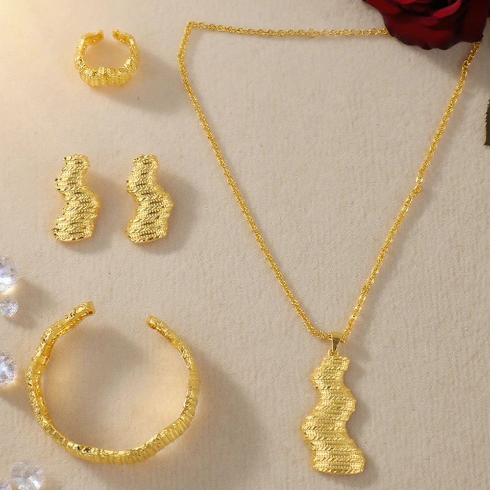 Dubai Trendy Gold Plated Woman Jewelry Sets Hight Quality Necklace Earrings Stainless Steel Bangle Ring Sets Bridal Accessories