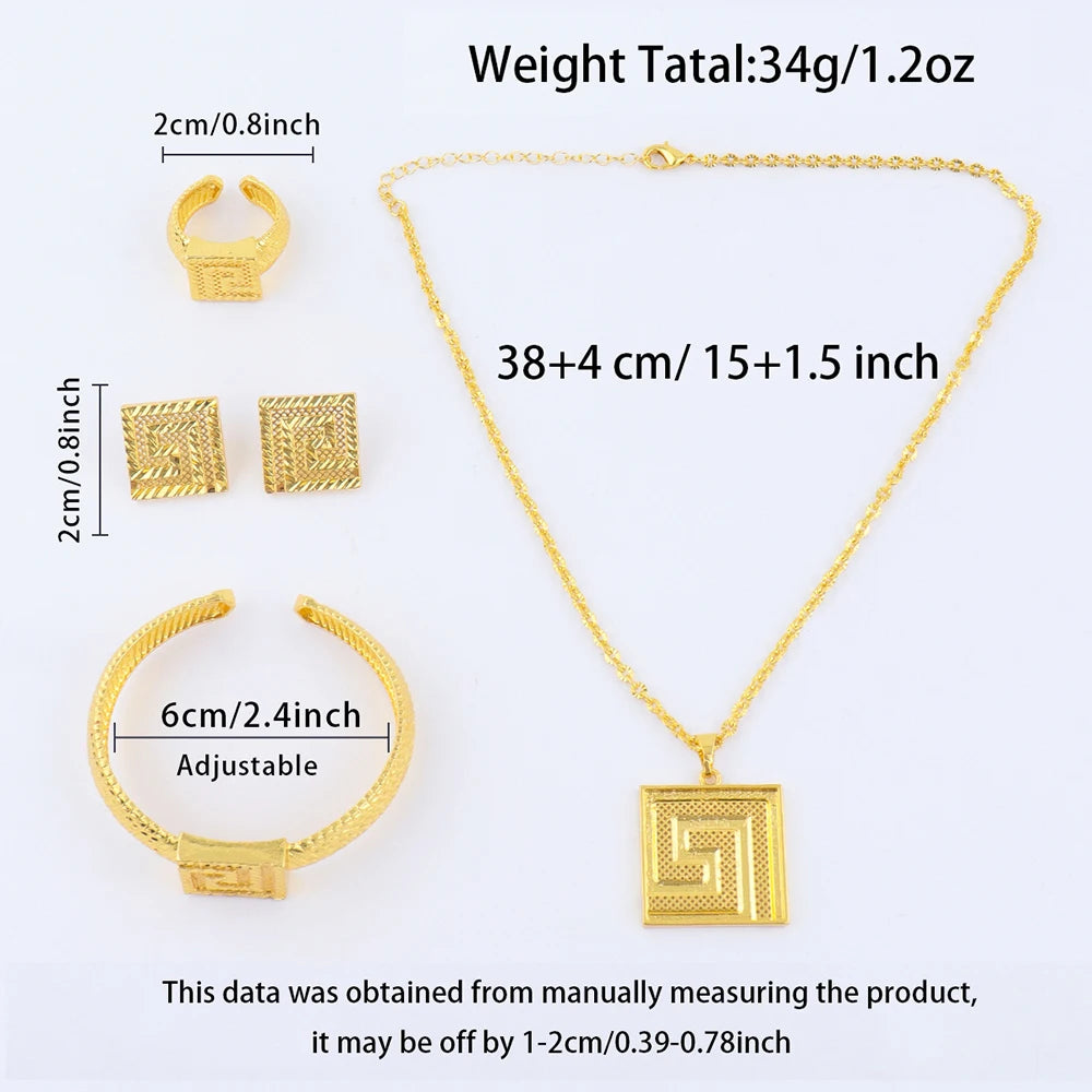 Dubai 24K Gold Color Initial Necklace Earrings Bracelet Ring Set African Arab Bridal Set Wedding Party Gifts Jewelry Wholesale