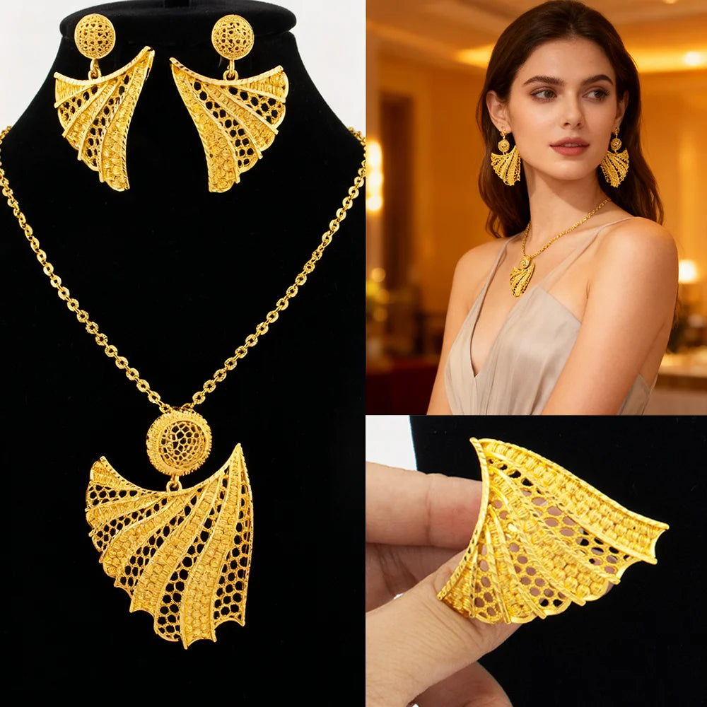 24k gold color party necklace earrings rings set luxury gold jewelry sets for woman wedding party Accessories