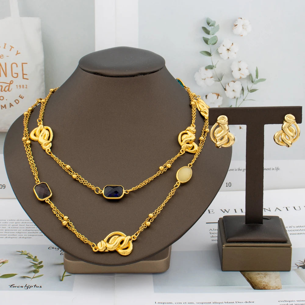 Dubai Bead Chain & Rose Flower Pendant Set, Long Necklace Earring Set for Bride Luxury Jewelry Sets Women Gift