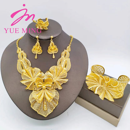 YM Gold Plated Jewelry Set for Women Copper Necklace Earrings Dubai African Party Bridal Wedding Gifts Arabic Cuff Bangles Rings