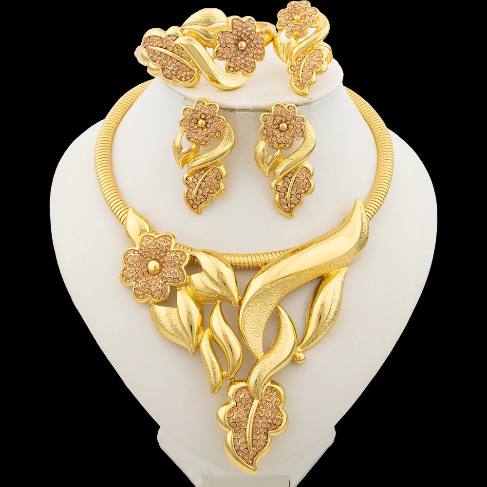 Luxury Flower Design Jewelry Set for Women 18k Gold Color Big Pendant Necklace and Earrings Bridal Weddings Nigerian Accessories