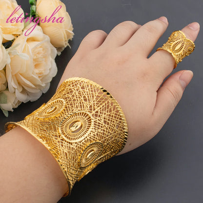 Large Copper Cuff Bangle Open Bracelet For Women Gold Color Jewelry Set for Women New Styles Heavy Holiday Accessories Party