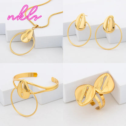 Dubai Luxury Necklace Earrings Cuff Bangle Ring Set African Trend Jewelry Fashion Women Jewelry Set Daily Wear Party Gift