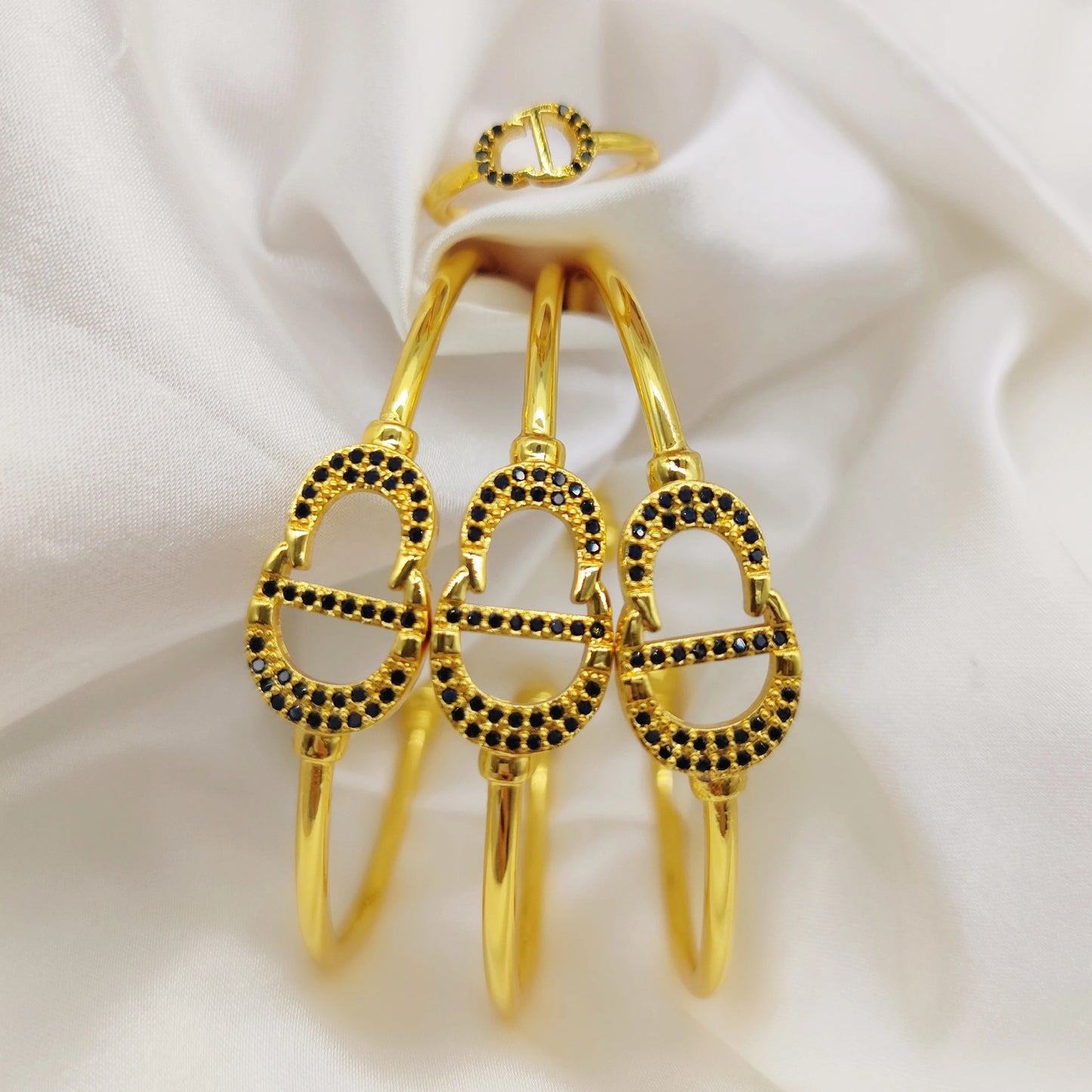 Serpentine Bangles Ring Women Luxury 18k Gold Color Black Zircon 3PCS Bracelet and Open Ring Charm Hand Jewelry Sets Party Gifts