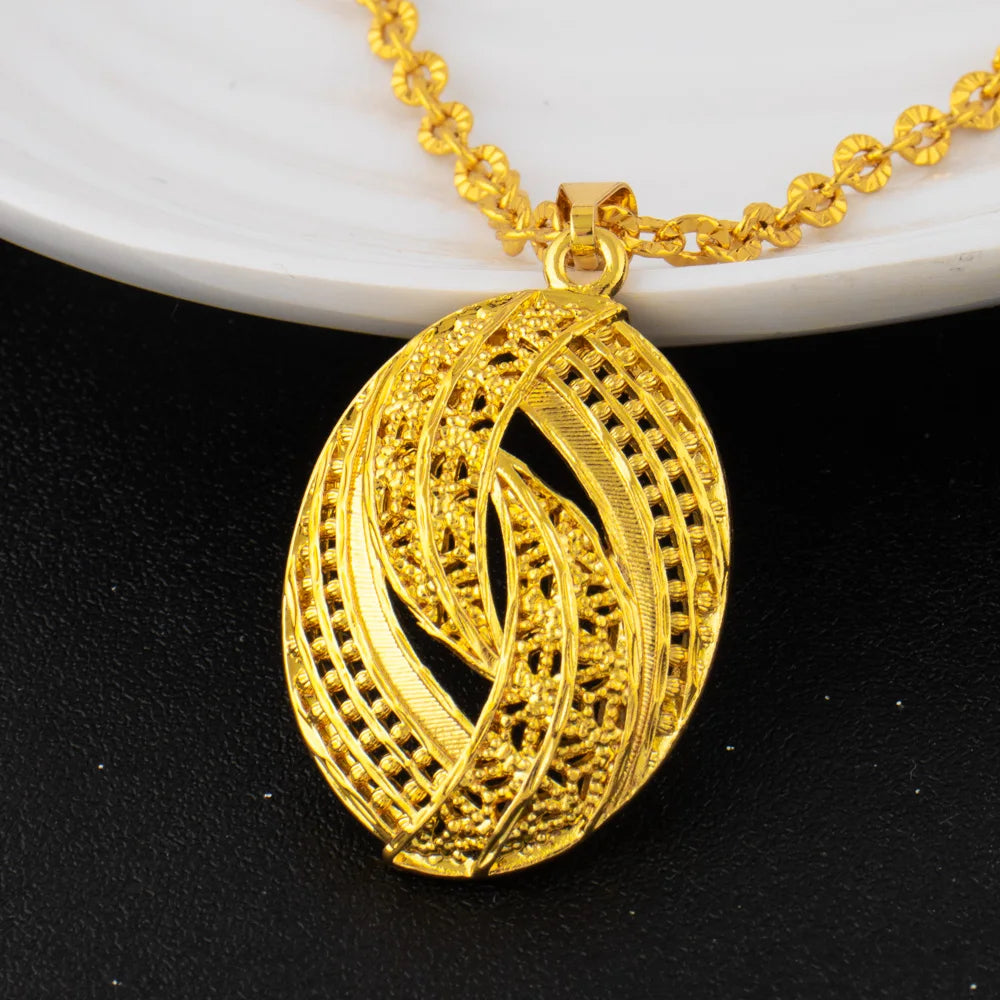 Round Water Drop Shape Jewelry Luxury Shining Gold Color Necklace Earrings Ring Set for Women Gift Apply to Party Wedding