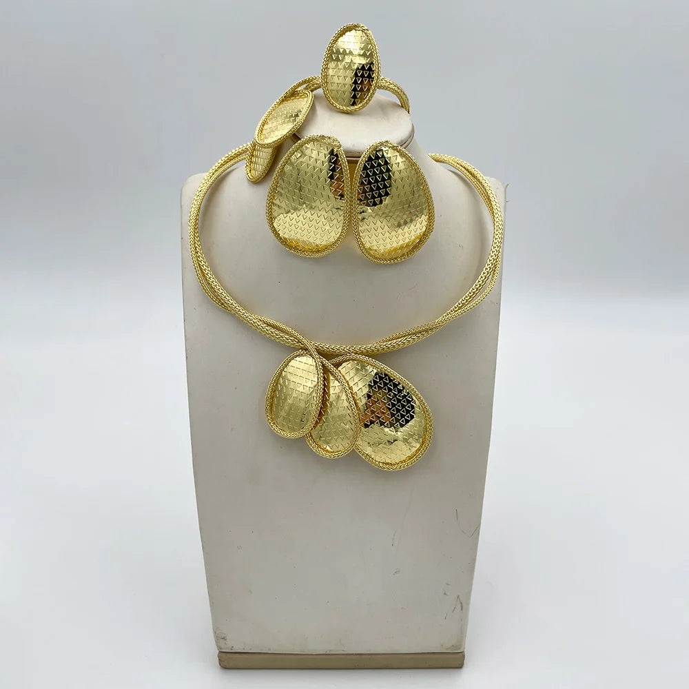 18k Gold Color Jewelry Set for Engagement African Pendant Necklace and Earrings Cuff Bracelet Ring Set for Women Jewelry Gifts