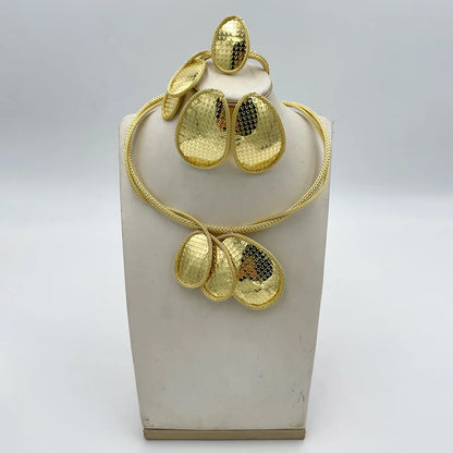 18k Gold Color Jewelry Set for Engagement African Pendant Necklace and Earrings Cuff Bracelet Ring Set for Women Jewelry Gifts