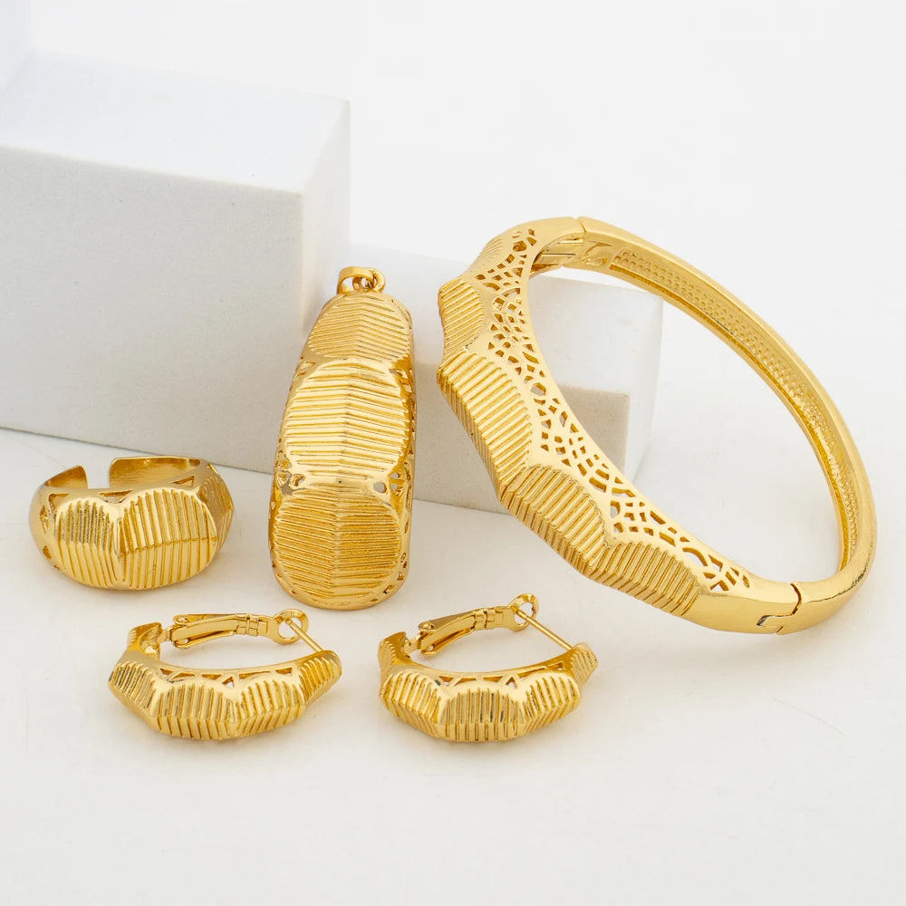 Dubai Gold Color Earrings Bangle Ring Jewelry Set for Party Elegant Weddings Hoop Earrings Cuff Bangle Finger Ring Set Nigerian