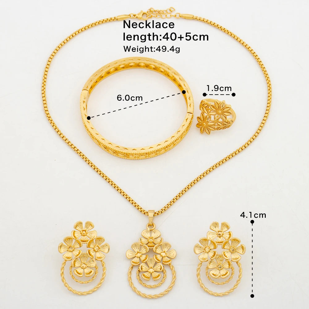 Brazilian Floral Design Jewelry Set for Women 18k Gold Color Clip Earrings and Pendant Necklace Exquisite Bangle Ring Set Party