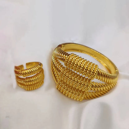Luxury Gold Color Bangle with Ring Set for Women African Cuff Bangle and Finger Ring 2Pcs Set for Engagement Party Jewelry Gift