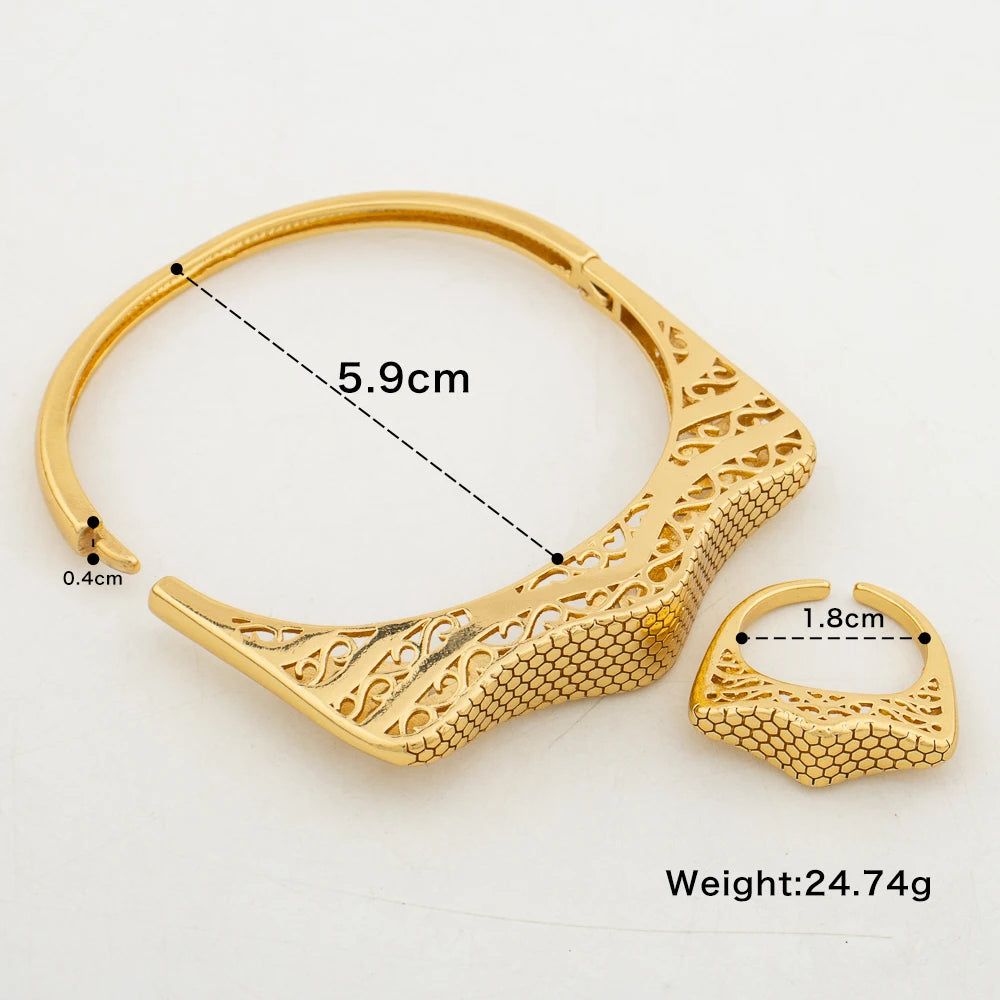 Gold Plated Bangles With Ring Copper Jewelry for Ladies Women Dubai Luxury Bridal Wedding Banquet Charm Bracelet Open Ring Gifts