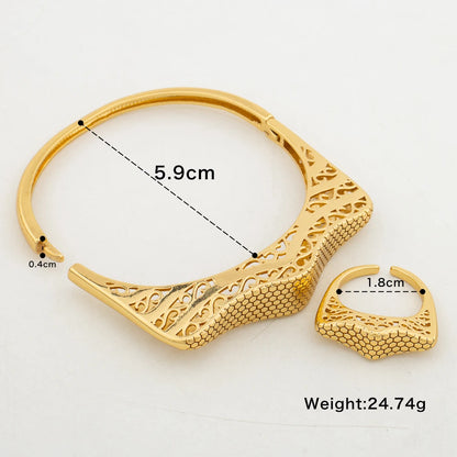 Gold Plated Bangles With Ring Copper Jewelry for Ladies Women Dubai Luxury Bridal Wedding Banquet Charm Bracelet Open Ring Gifts