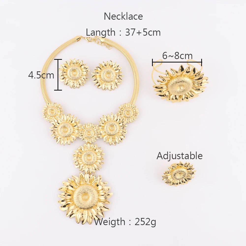 African Sunflower 4Pcs Jewelry Set: Vintage Necklace, Earrings, Bangle & Ring Gift for Women, Party Fashion Jewelry Set