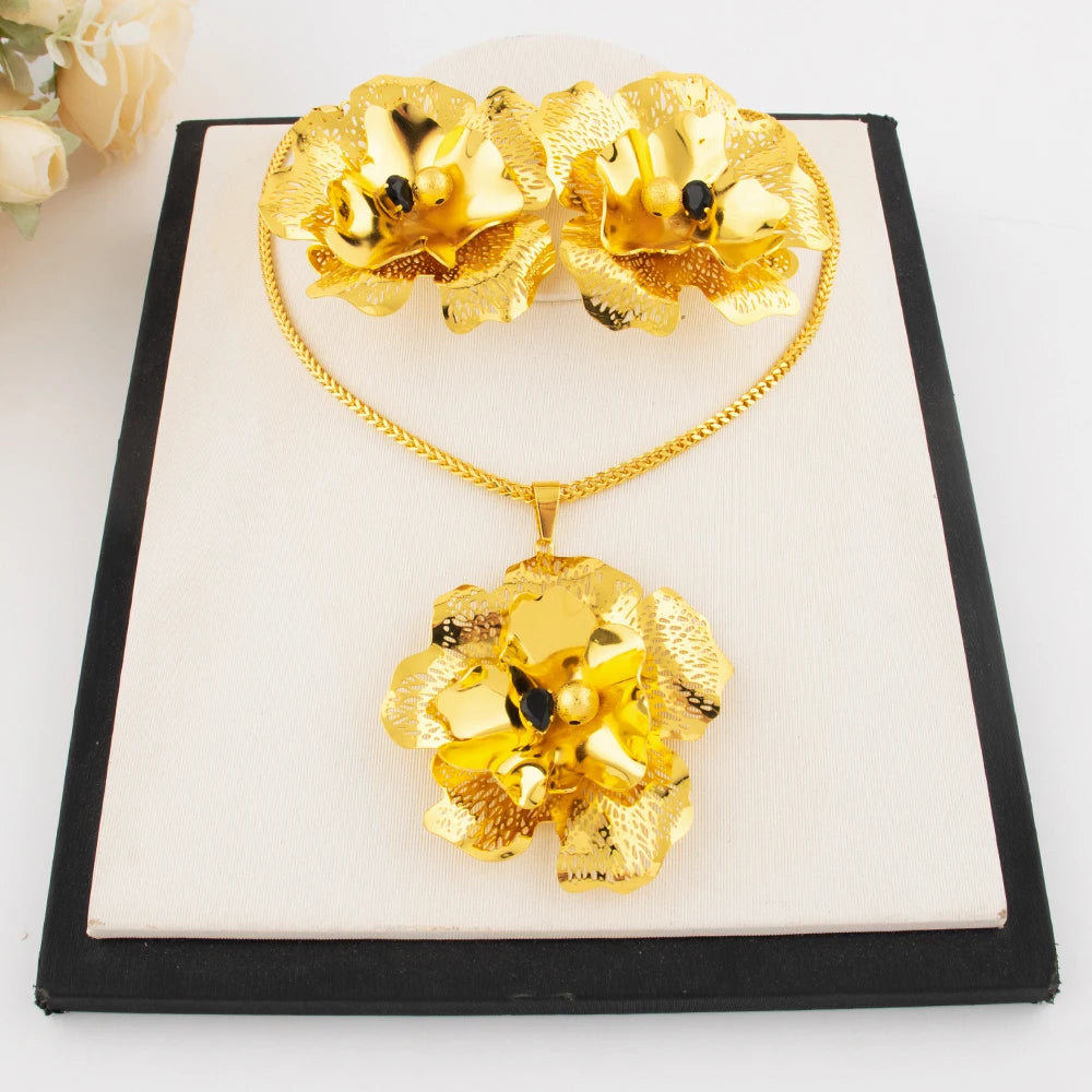 Dubai Luxury Flower Shape Women Jewelry Nigeria Wedding Zircon Collection Earrings Gold Color Bridal Necklace Pendant For Party
