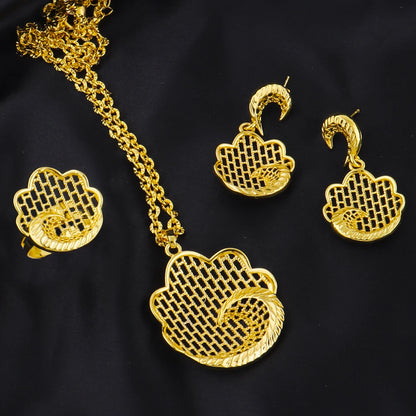 Dubai Round Necklace Ring And Earrings Set For Women Wedding Gold Color Hollow Pendant African Jewelry Bridal Party Gift
