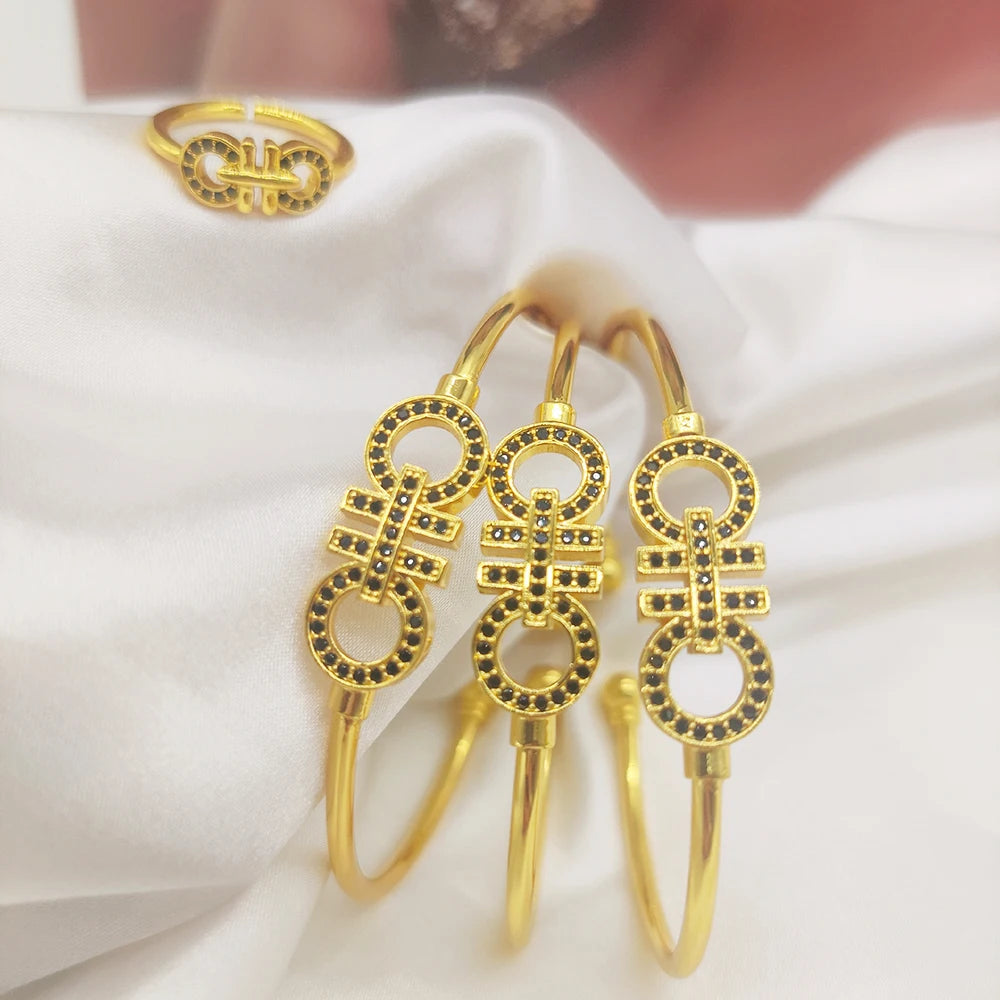 Serpentine Bangles Ring Women Luxury 18k Gold Color Black Zircon 3PCS Bracelet and Open Ring Charm Hand Jewelry Sets Party Gifts