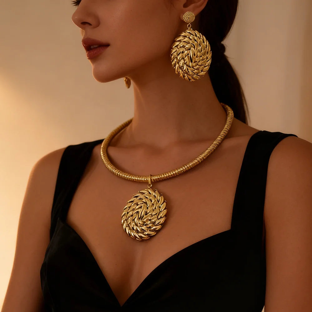 gold jewelry sets for woman ecklace Earrings Gold Plated Round Collar Nigeria Wedding Festival Gift Classic Style Bangles Ring