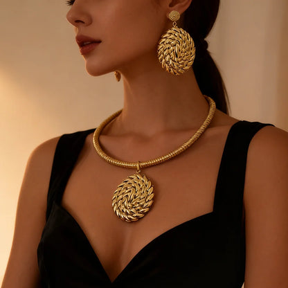 gold jewelry sets for woman ecklace Earrings Gold Plated Round Collar Nigeria Wedding Festival Gift Classic Style Bangles Ring