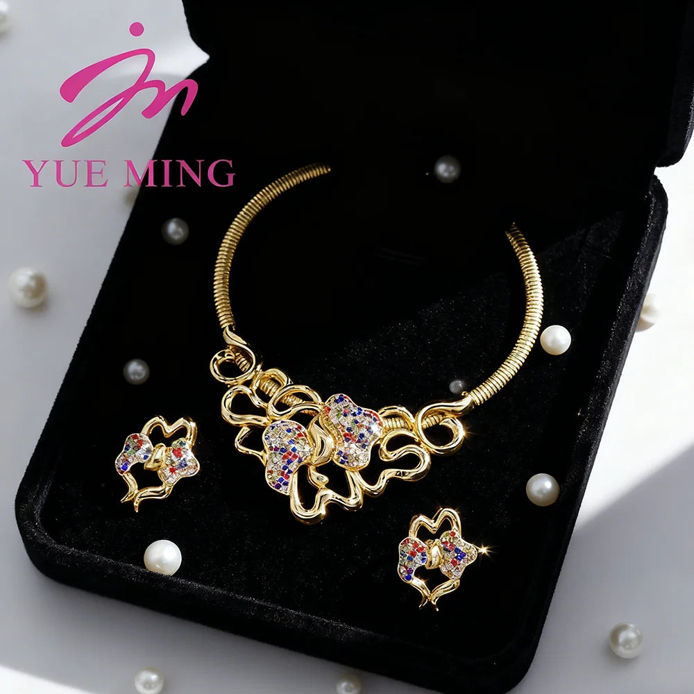 Colorful Zircon Jewelry Sets Exquisite Round Necklace Fashion Women Earrings Artificial Stone Cuff Bangles Ring Jewellery Gifts