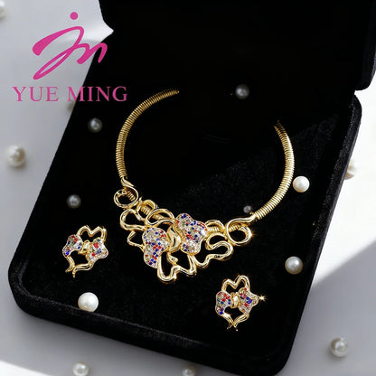 Colorful Zircon Jewelry Sets Exquisite Round Necklace Fashion Women Earrings Artificial Stone Cuff Bangles Ring Jewellery Gifts