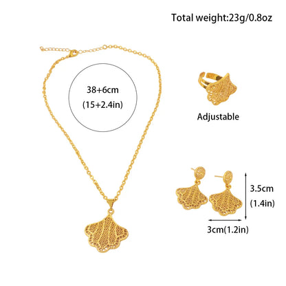 18K Gold Color Plated Middle Eastern Necklace Ring Earrings Set for Women, Dubai Luxury Bridal Gift, Elegant Women's Jewelry Set