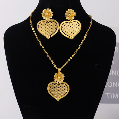 France Gold Color Women Necklace and Earrings Trend America Heart Hollow Out Jewelry Set Gift For Party Wedding Daily Accessorie