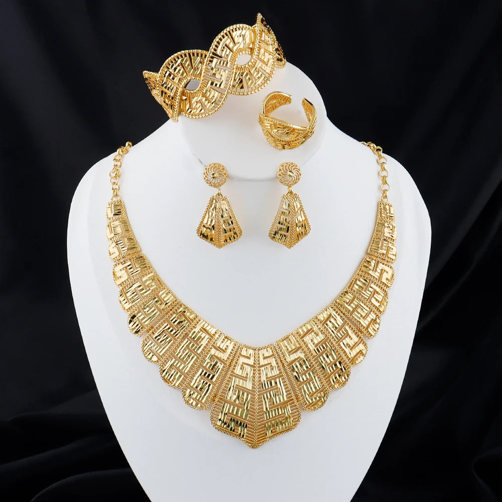 luxury gold plated necklace earrings bracelet ring set women 18k gold plated dubai jewelry set for Exquisite gifts