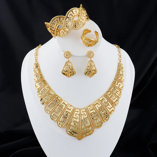 luxury gold plated necklace earrings bracelet ring set women 18k gold plated dubai jewelry set for Exquisite gifts