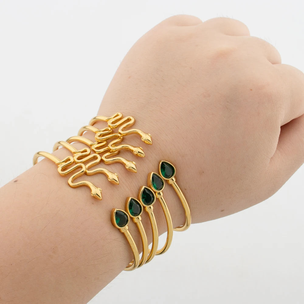 Luxury 5pcs Cuff Bangles for Women Gold Color Snake Shaped Charm Bracelets Wholesale Green Zircon Jewelry Wedding Party Gifts