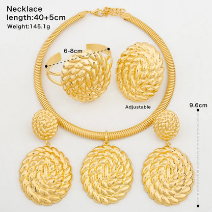 Dubai Big Drop Earrings Necklace Jewelry Set for Women Ethiopia Bridal African Gold Plated Bangle Ring 4PCS Set Banquet Gift