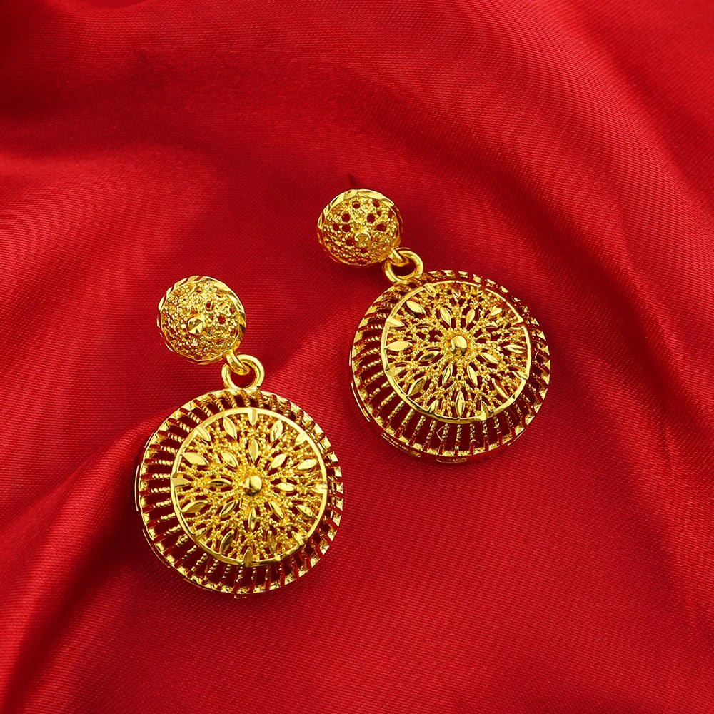 Gold Color Light Luxury Big Round Necklace Earrings Set for Women Tassels Gold Plated Jewelry Party Wedding Gift Accessoires