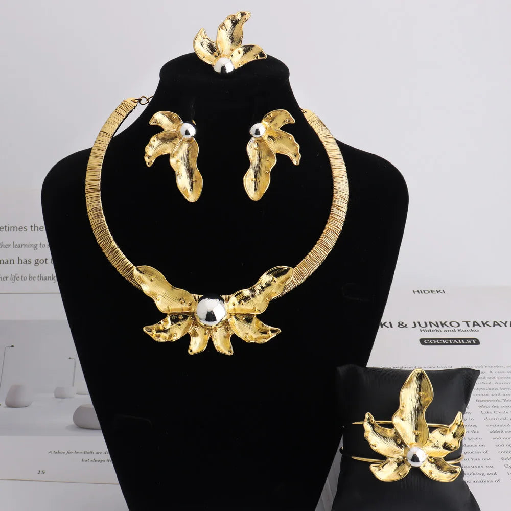 Luxury Bud Necklace Earrings Ring Bracelet Bridal Jewelry Set Women Wedding Party Favors Nigeria Dubai Style