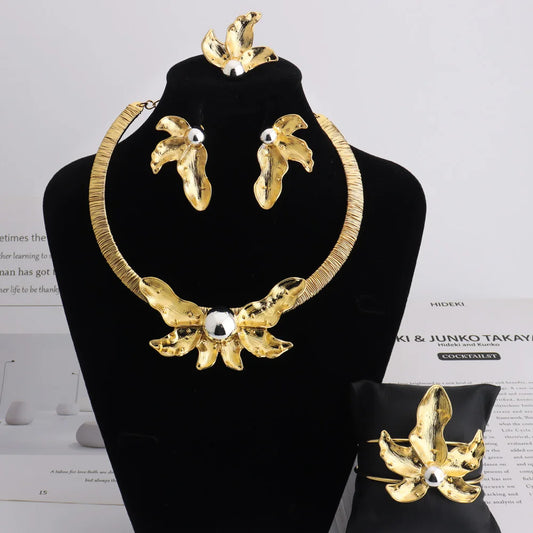 Luxury Bud Necklace Earrings Ring Bracelet Bridal Jewelry Set Women Wedding Party Favors Nigeria Dubai Style