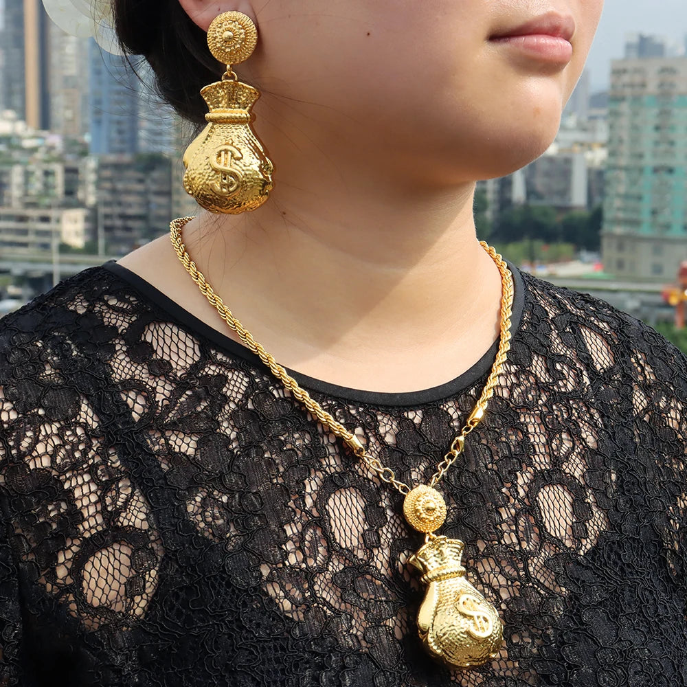 Dubai Jewelry Set for Women 45cm Necklace Morocco Gold Plated Stud Earrings Note Shape for Aesthetic Gifts Sexy Party Queen