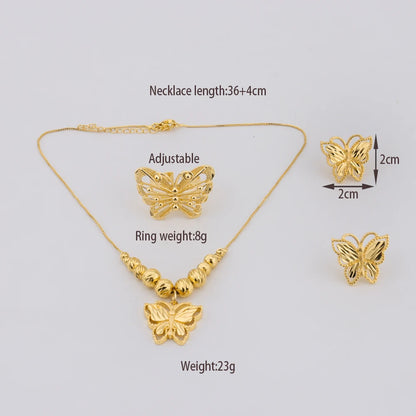 Dubai Gold Color Butterfly Necklace Earrings Ring Personalized Jewelry Set For Family Daily Wear Wedding valentine day gift