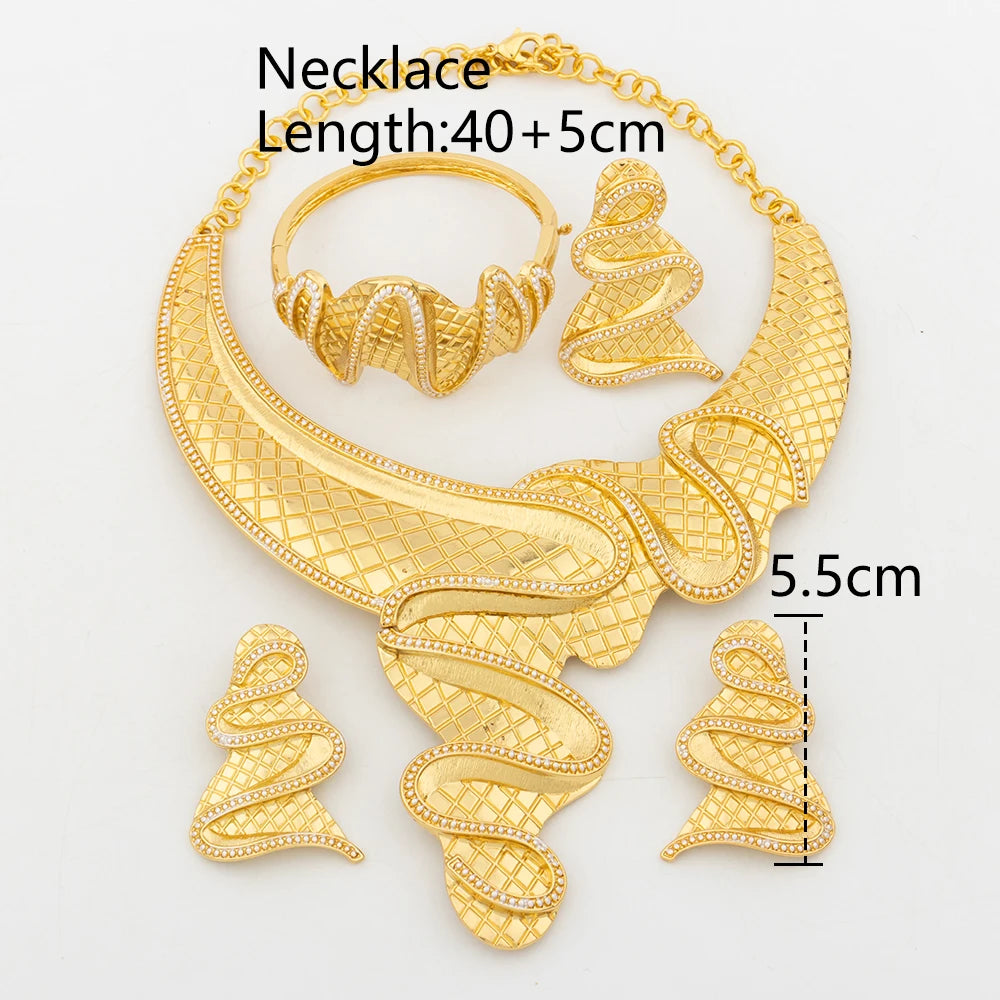 Nigerian 4PCS Jewelery Set Gold Color Copper Rotational Design Women African Hanging Earrings  Bridal Necklace Banquet Party Gif