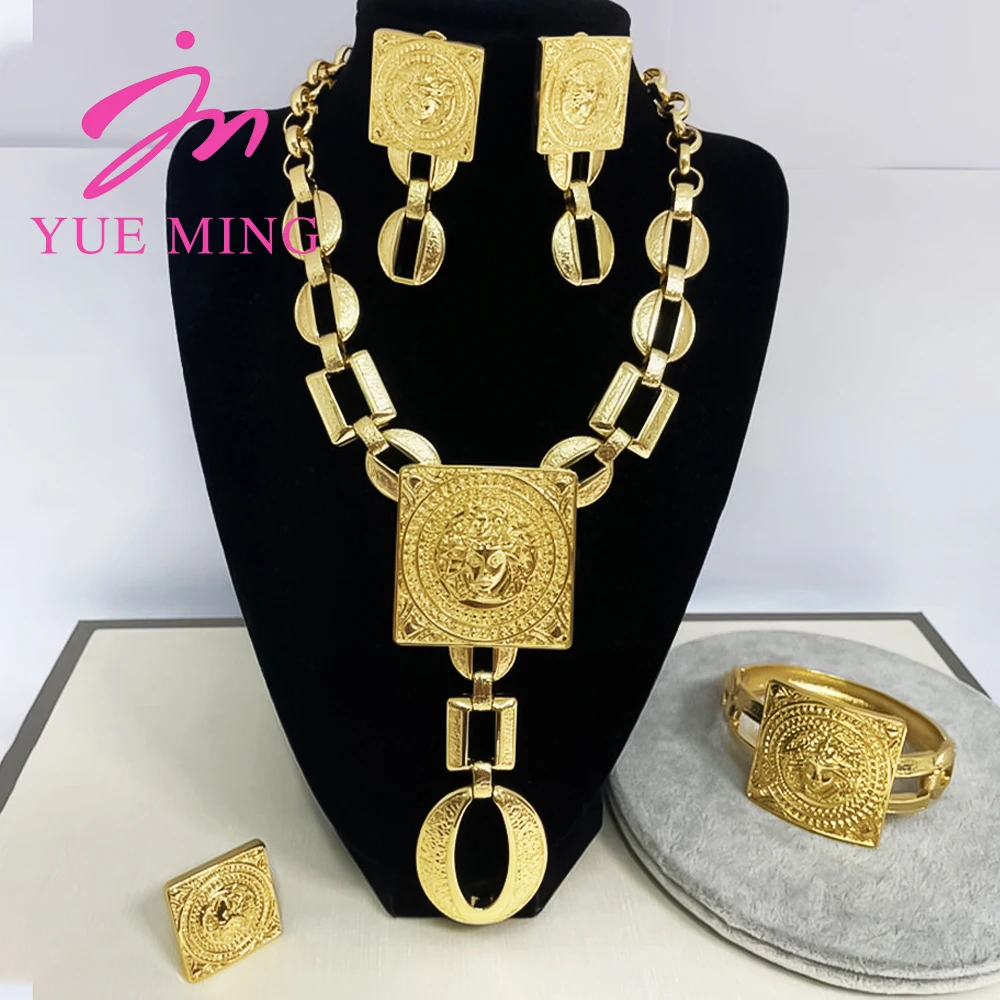 Dubai Gold Plated Jewelry Set with Gift Box Ladies Fashion Copper Necklace Bracelet Earrings Ring Jewelry for Women Holiday Gift - YUEMING JEWELRY