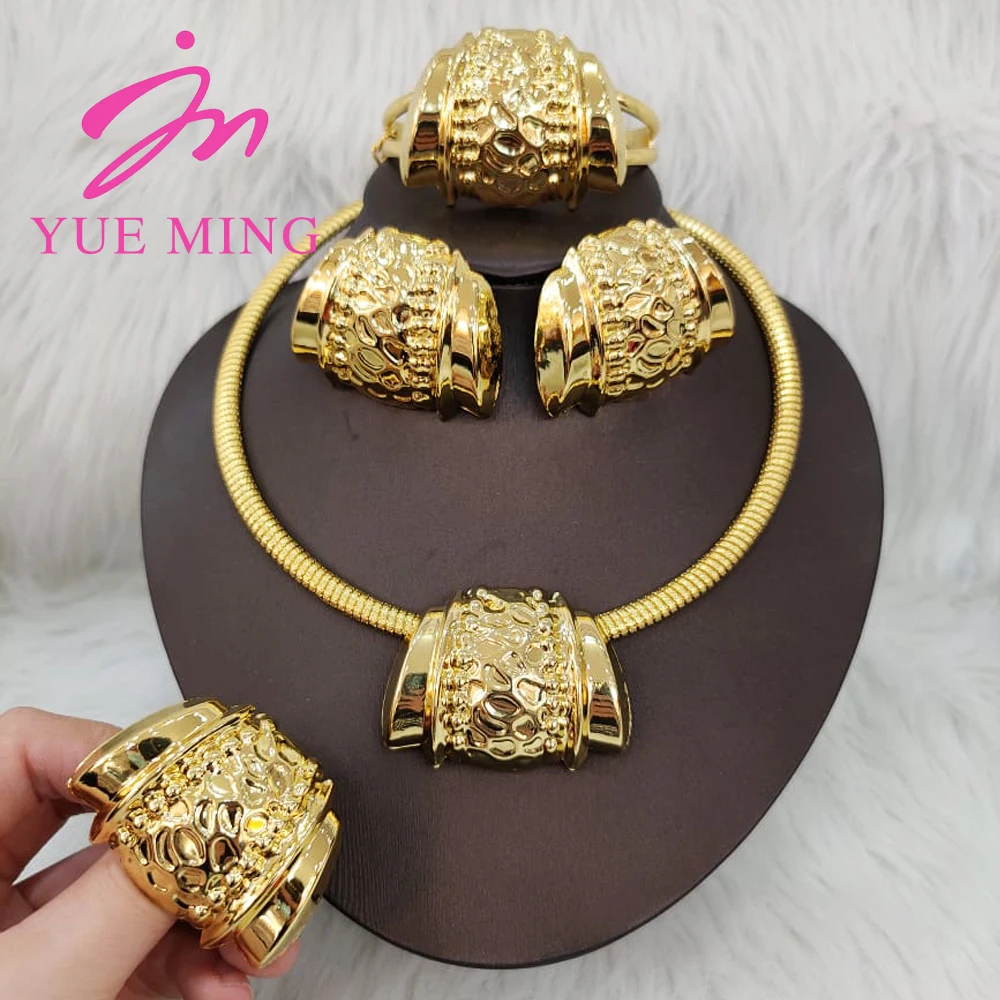 Dubai Gold Plated Jewelry Set with Gift Box Ladies Fashion Copper Necklace Bracelet Earrings Ring Jewelry for Women Holiday Gift - YUEMING JEWELRY